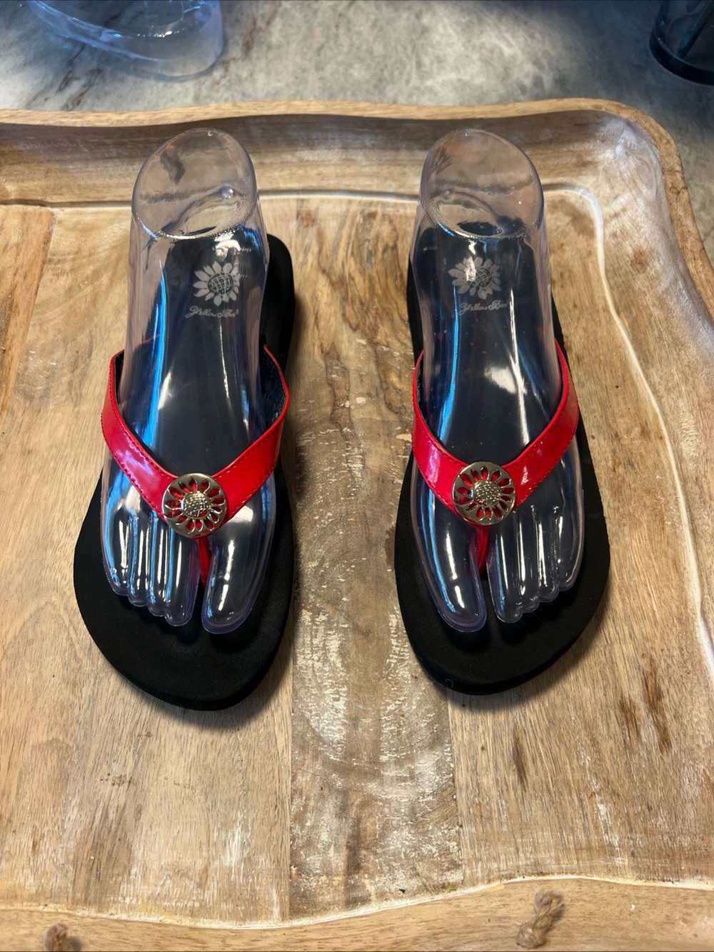Yellow Box Red Patent Thong Sandals with Gold Medallion